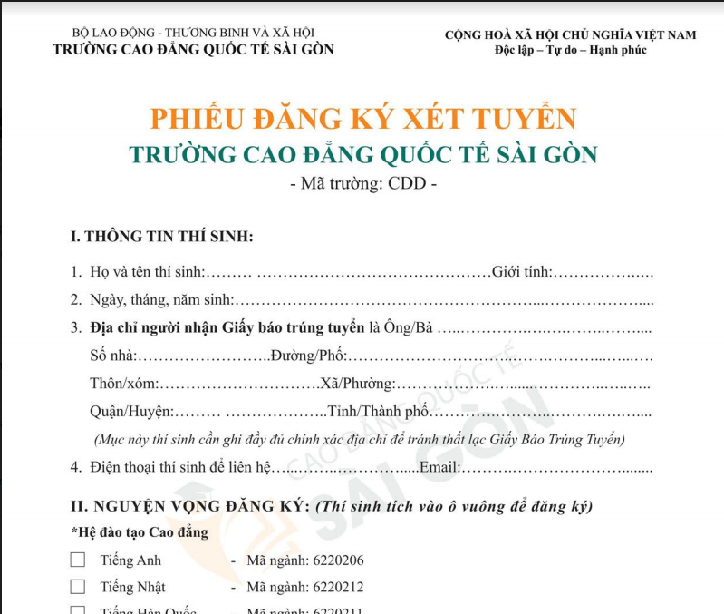Phiếu đăng ký xét tuyển Trường Cao đẳng Quốc tế Sài Gòn