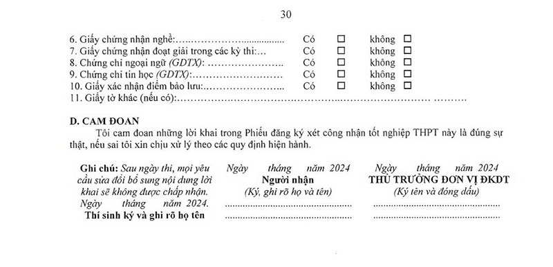 phiếu đăng ký chứng nhận tốt nghiệp thpt